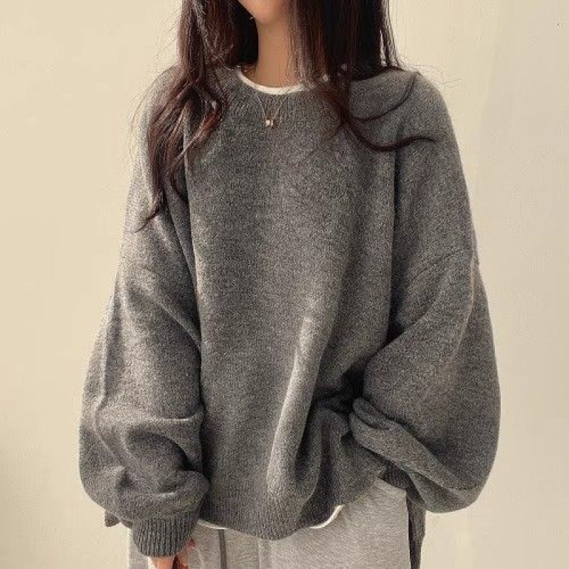 Crew Neck Pullover Lantern Sleeve Loose Sweater For Women