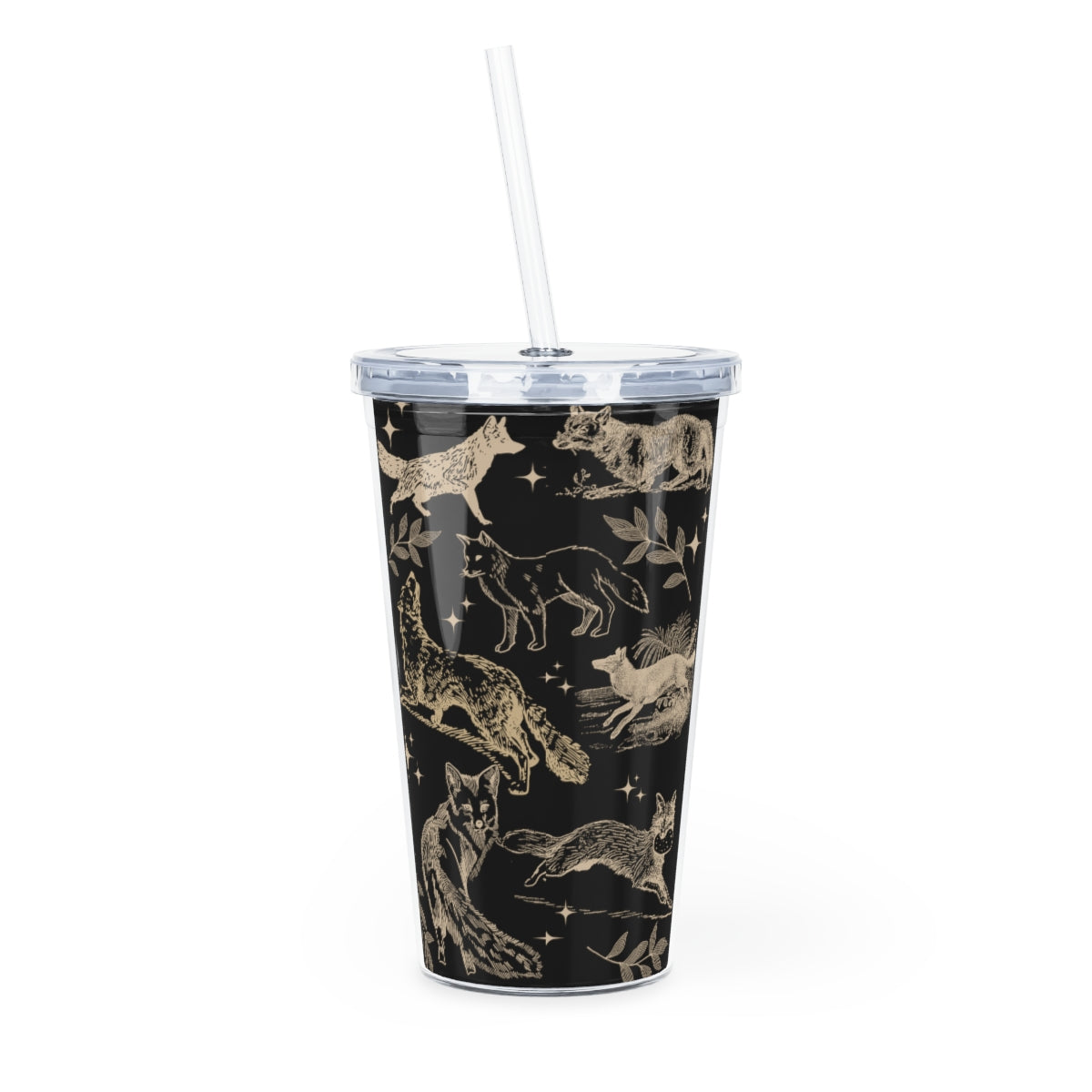 Black Fox Plastic Tumbler with Straw, Trendy Fox Lover Favorite Animal Iced Coffee Tumbler