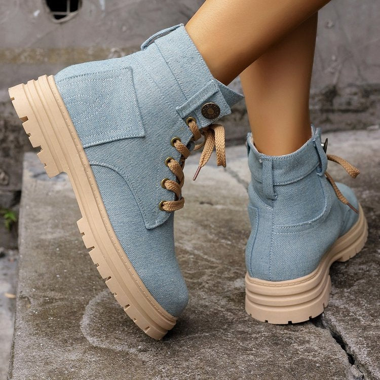 Lace-up Denim Ankle Boots Women Fashion Platform Boots