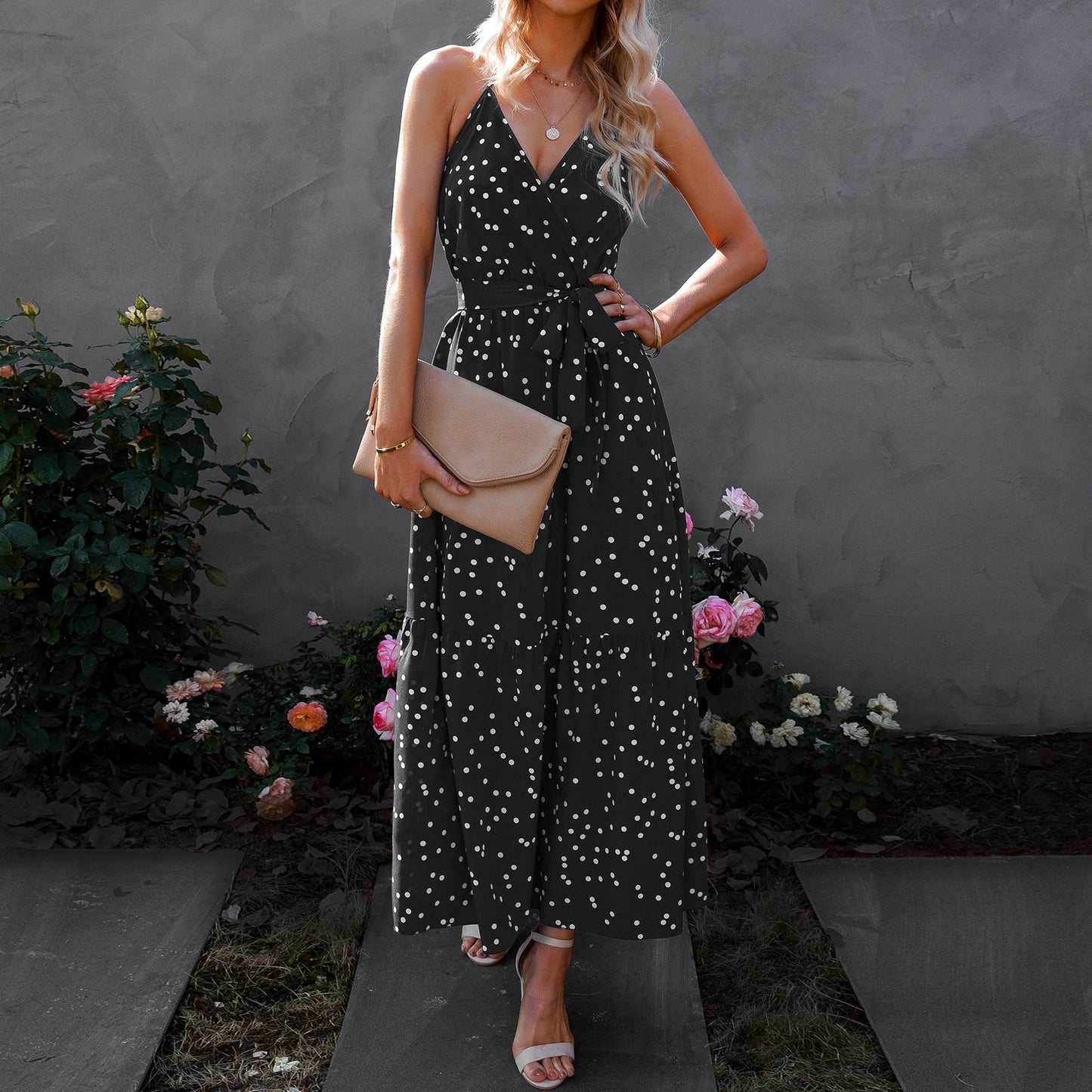 Women's V-Neck Strap Polka Dot Long Dress