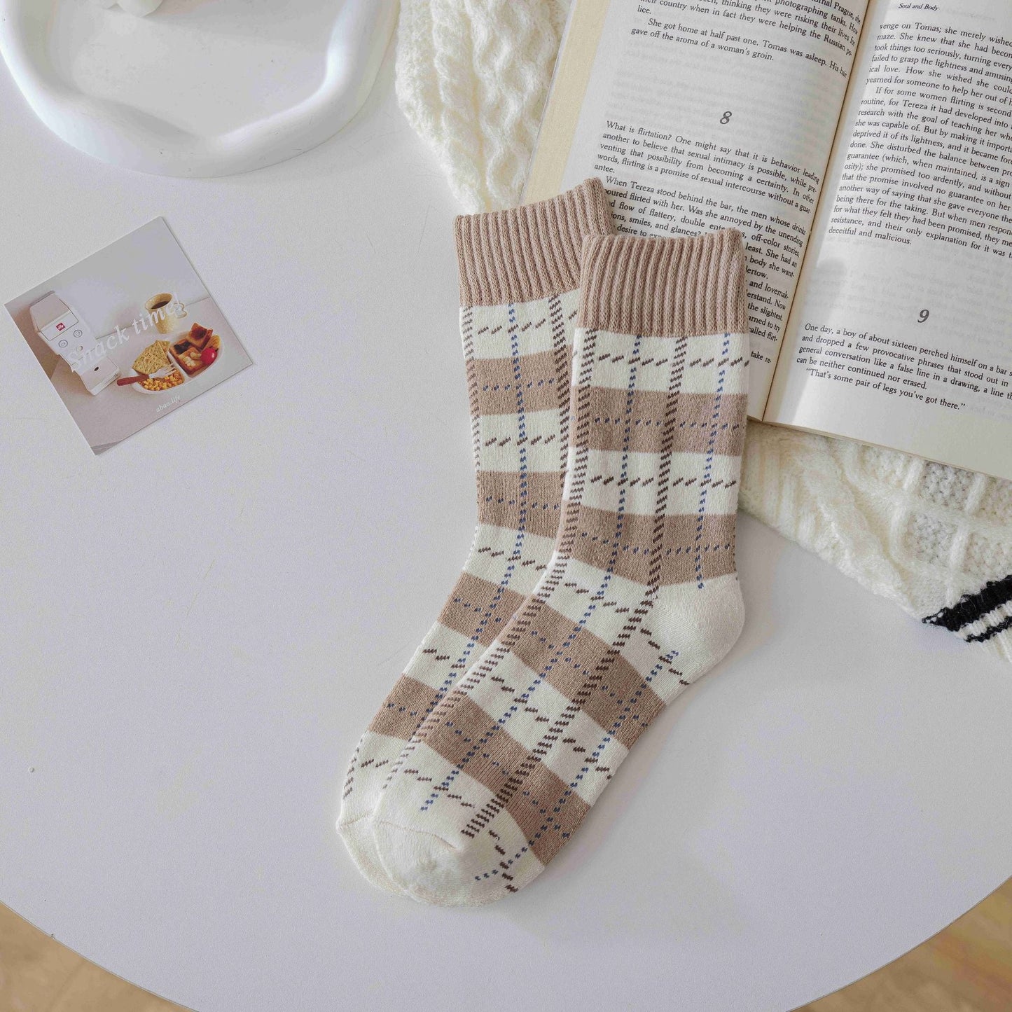 Socks Female Coffee Color System Wool Ring Plaid Towel Casual Thickened Warm Mid-tube Socks