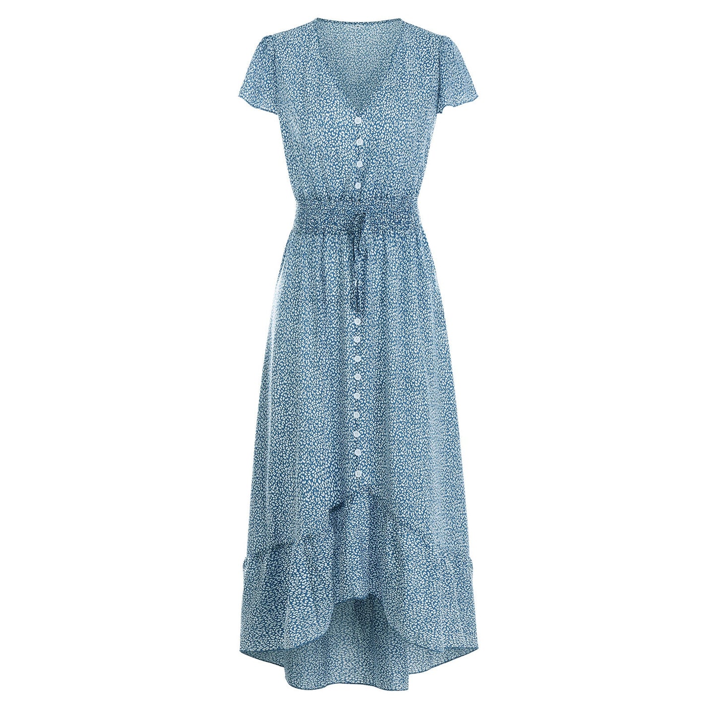 Women's V-Neck Short Sleeve Ruffled Chiffon Dress