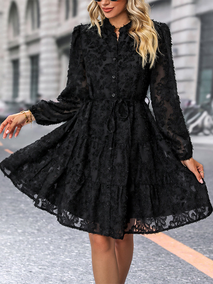 Little Black V-Neck Long Sleeve Buttoned Dress