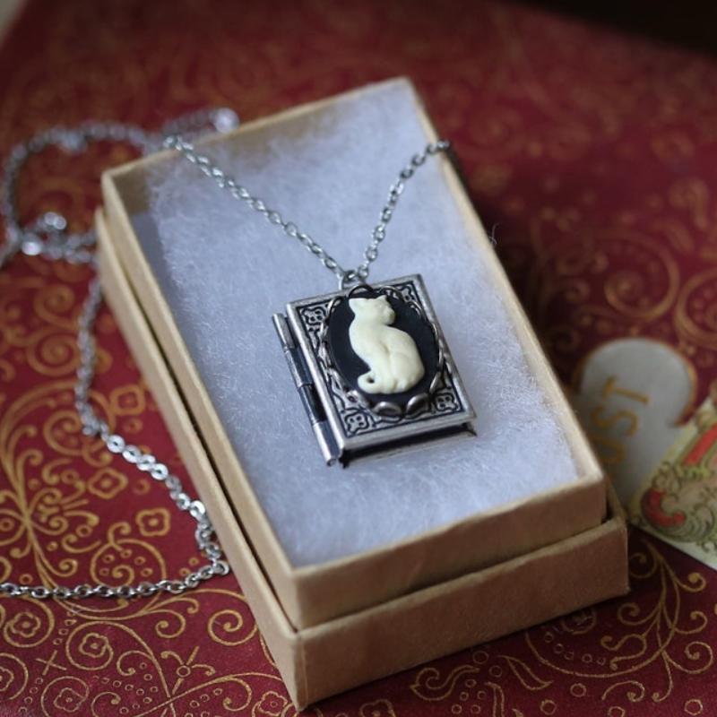 Embossed Cat Book Pendant Box Necklace