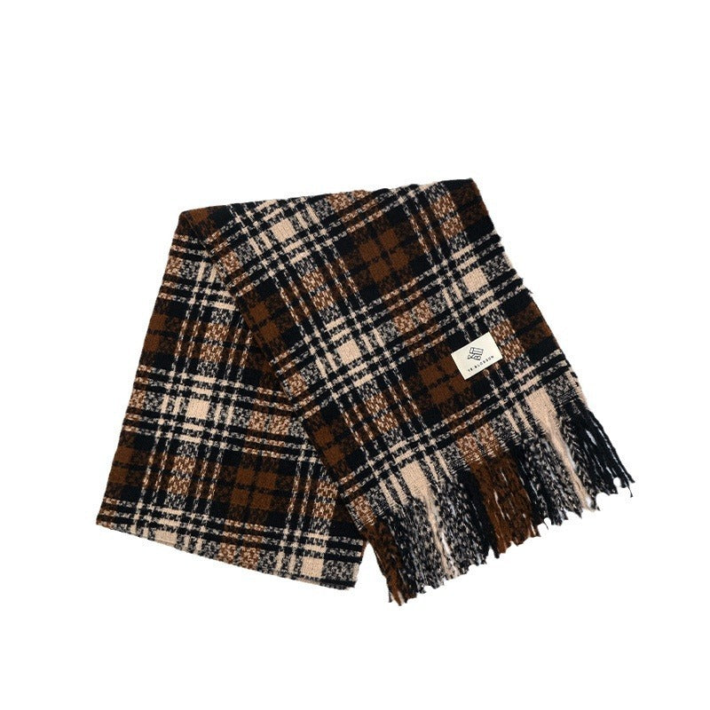 Plaid Knitted Scarf Winter Maillard Color Tassel Scarf