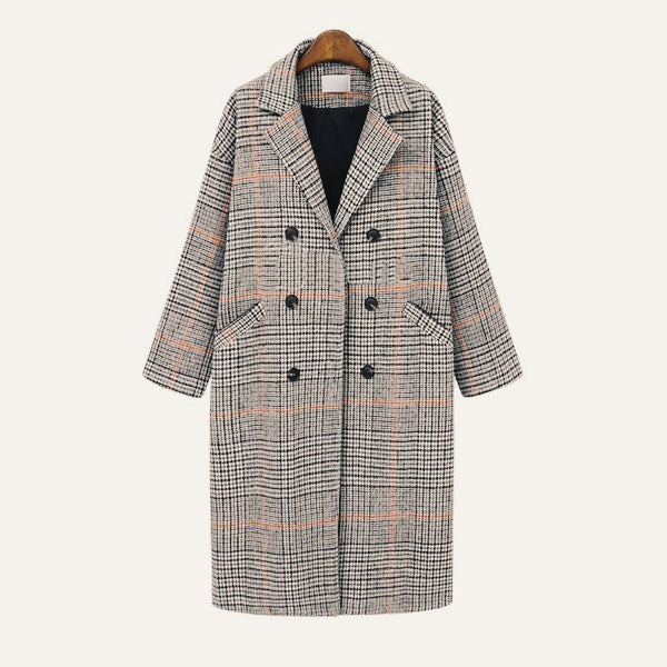 All-Match Double Breasted Plaid Mid-Length Woolen Coat