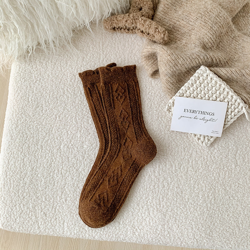 Autumn And Winter Thickening Diamond-shaped Milk Curry Color System Wool Mid-thigh Socks