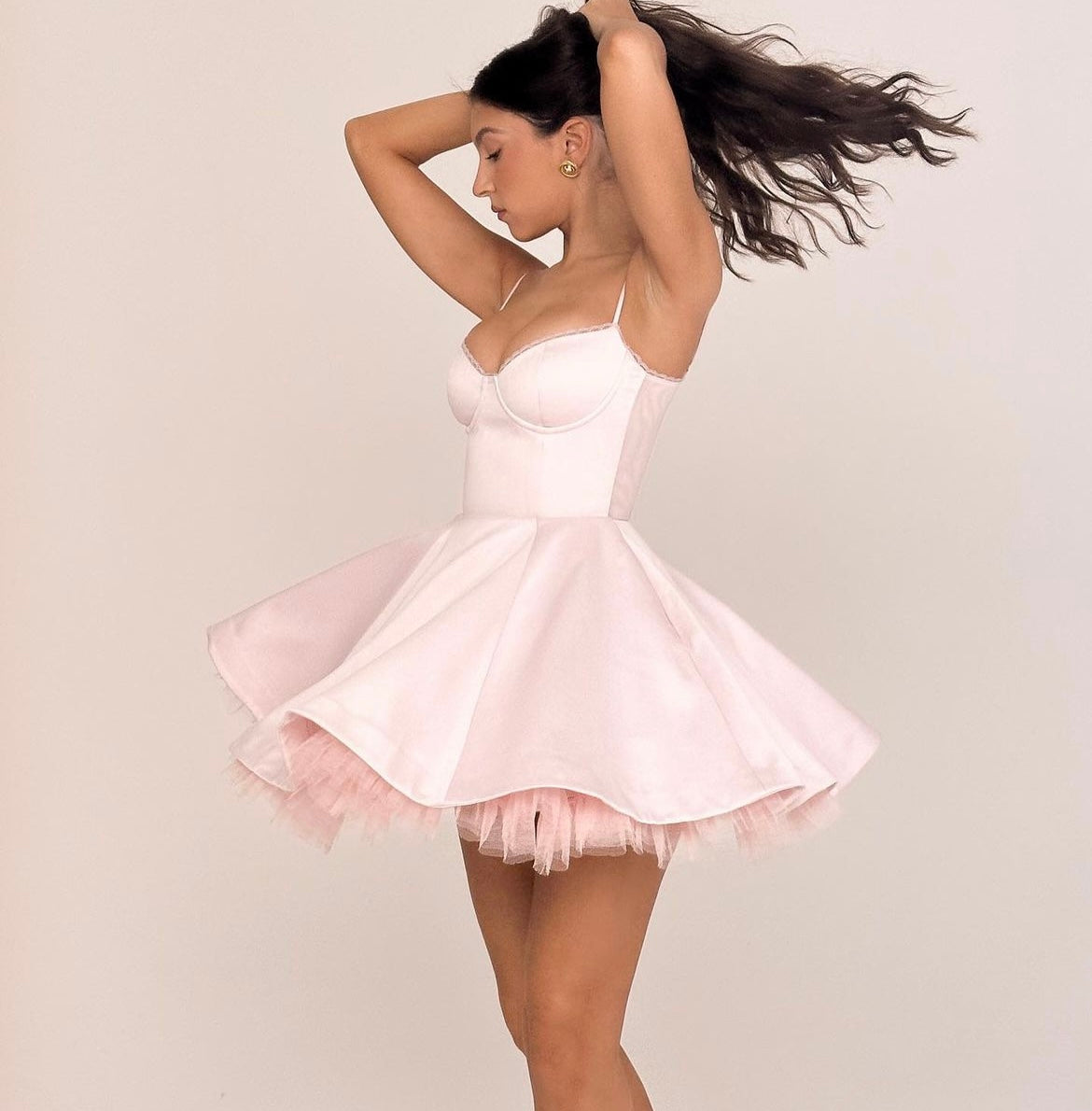 Satin Tulle Frill Strap Mini Dress