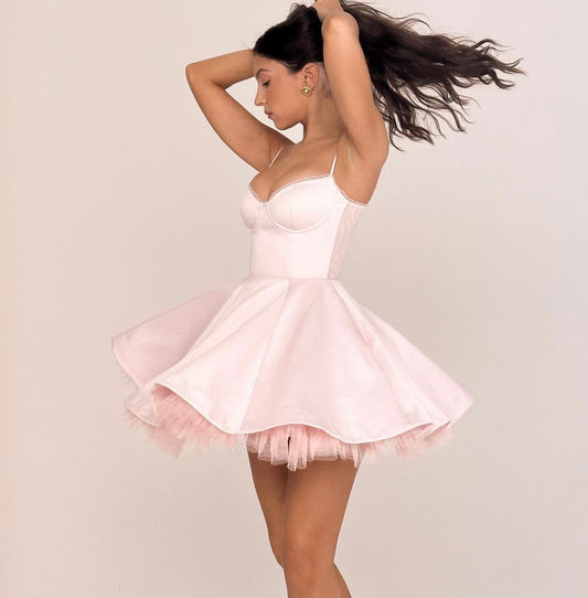Satin Tulle Frill Strap Mini Dress