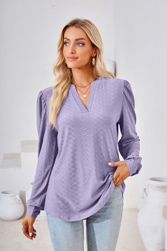 V Neck Jacquard Long Sleeve Loose T-Shirt Top Ladies