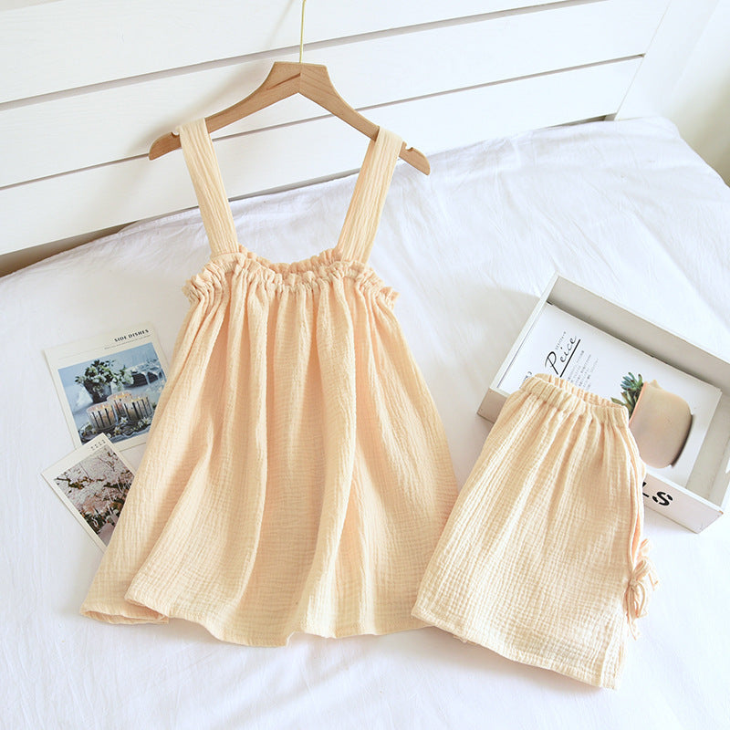 Cotton Crepe Suspender Shorts Vest Set