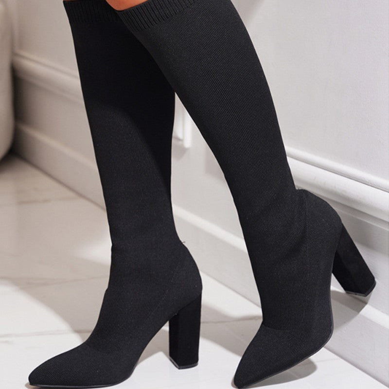 Autumn And Winter Women's Pointed Toe Chunky Heel Stretch Below The Knee