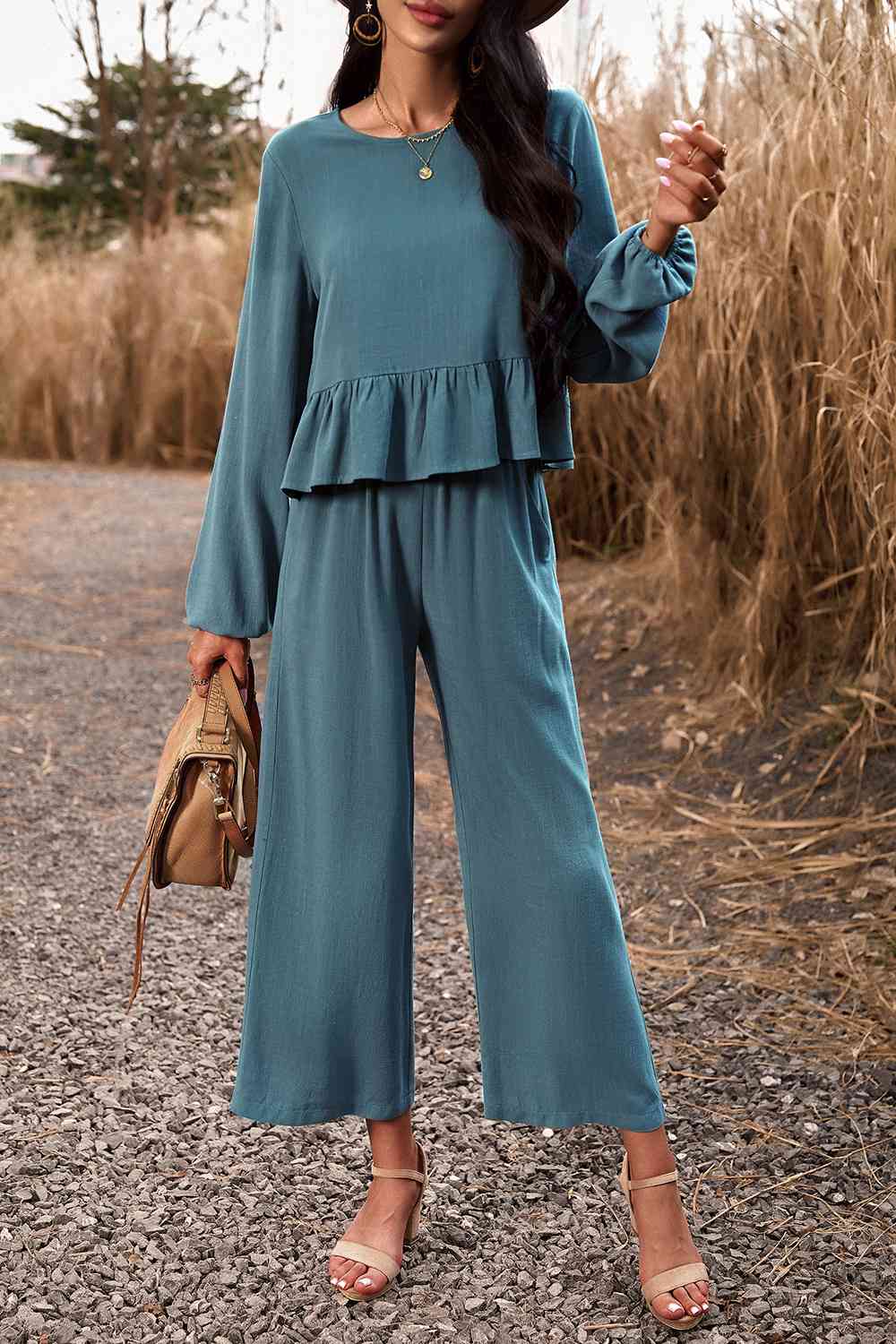 Round Neck Peplum Top and Pants Set