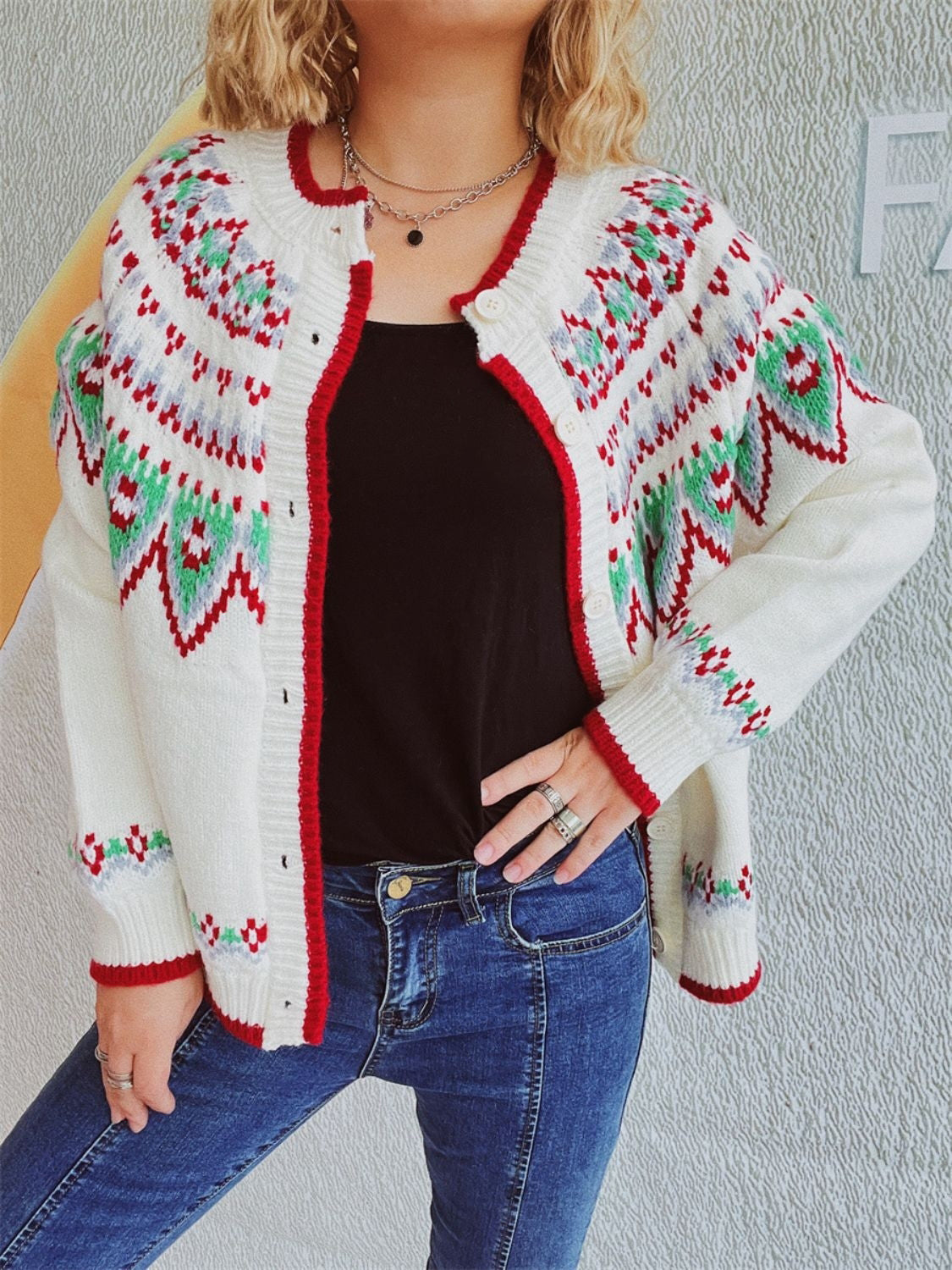 Contrast Geometric Round Neck Long Sleeve Cardigan