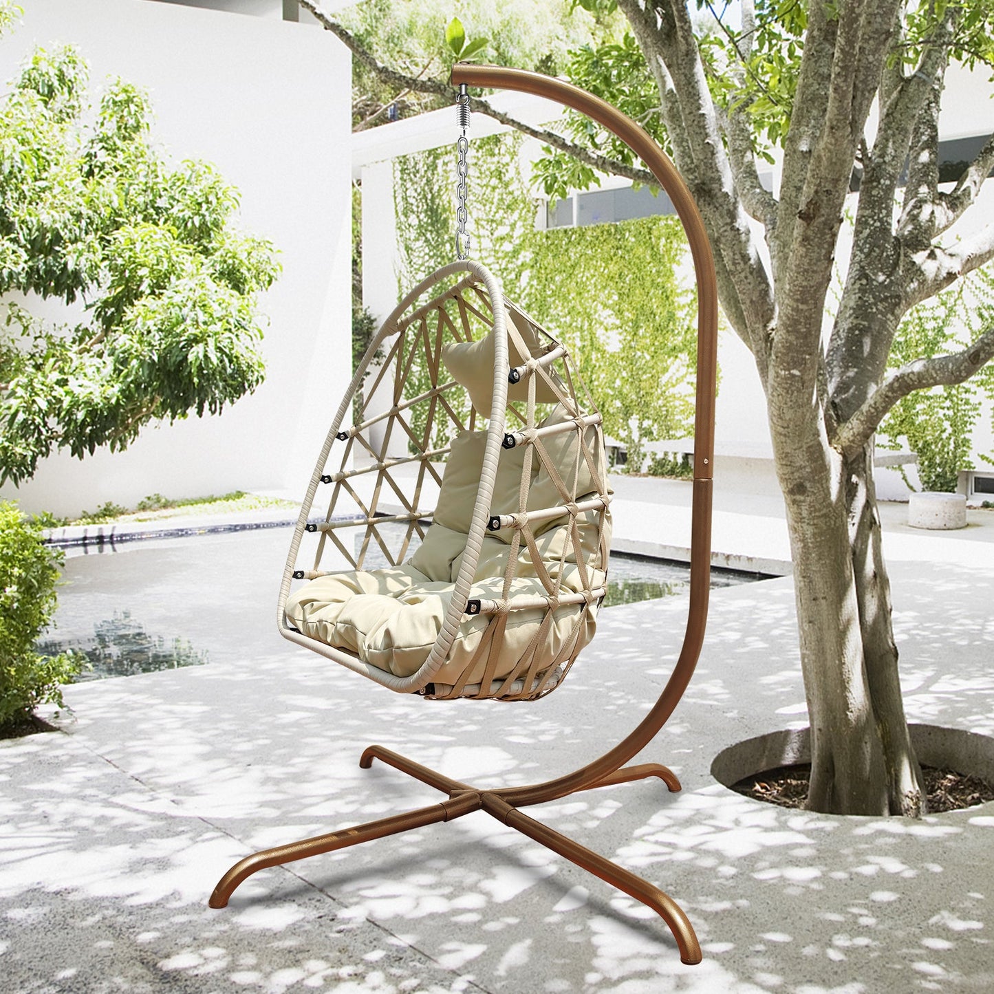 Swing Egg Chair With Stand Indoor Outdoor Wicker Rattan Patio Basket Hanging Chair With C Type Bracket , With Cushion And Pillow