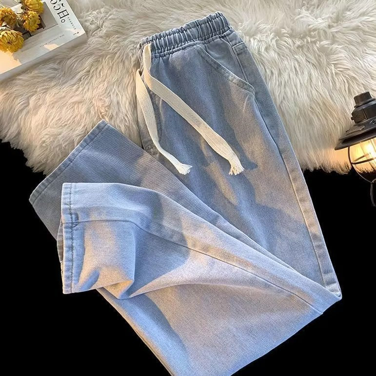 Elastic Waist Straight Drawstring Jeans