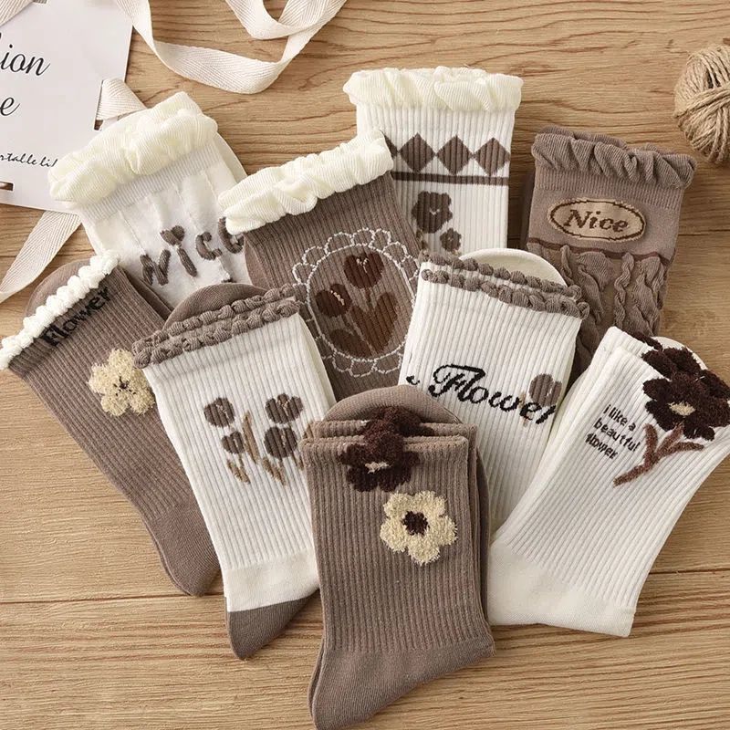 Women's Mid-calf Autumn And Winter Plush Lace Stockings Versatile New Mori Style Coffee Color Socks