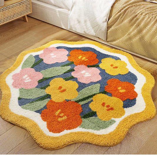 Soft Flower Irregular Round Shape Bedside Rug