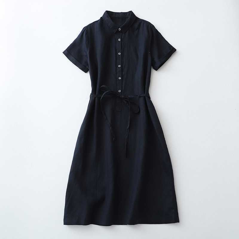 Linen Front Half-open Buckle Waist Lace-up Short Sleeve Dress