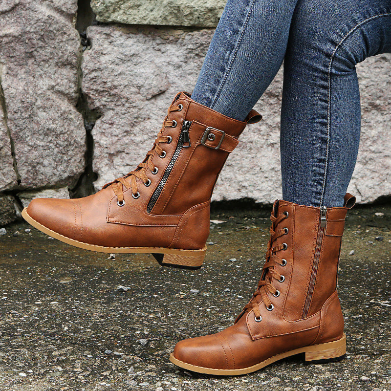 Women's Lace Up Solid Color Low Heel Middle Boots