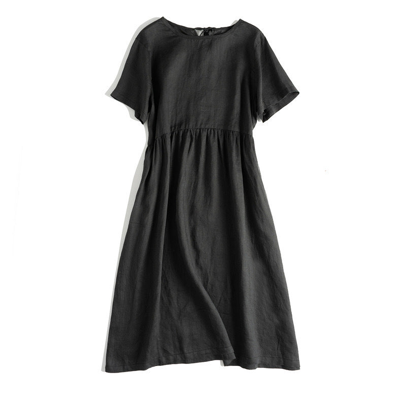 Elegant Cotton And Linen Art Round-neck Mid-sleeve Belt Large Swing Dress