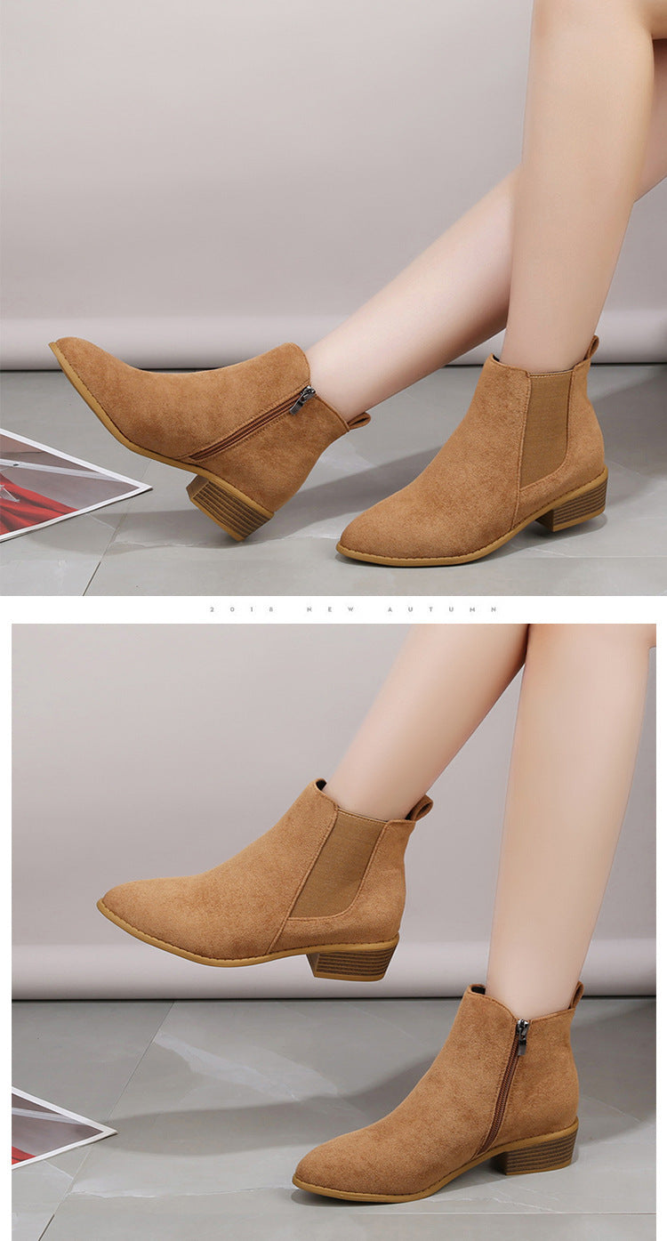 British Solid Color Suede Pointed Square Heel Martin Boots