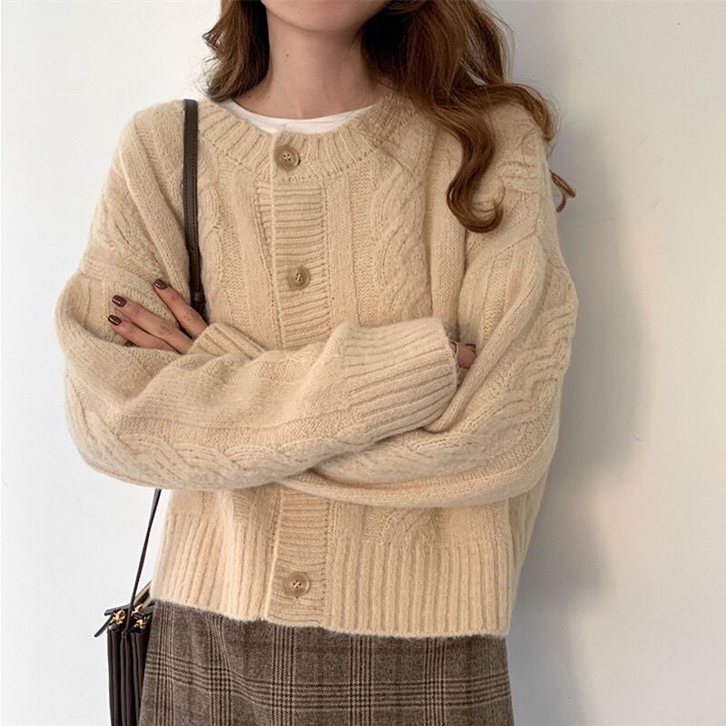 Coarse Twist Knit Sweater Short Jacket Women Retro Style