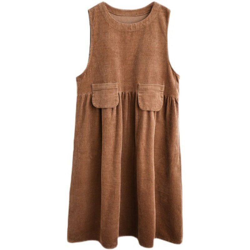 Corduroy Mid-length Dress Women's Artistic Over Size Pocket Sleeveless Vest Dress