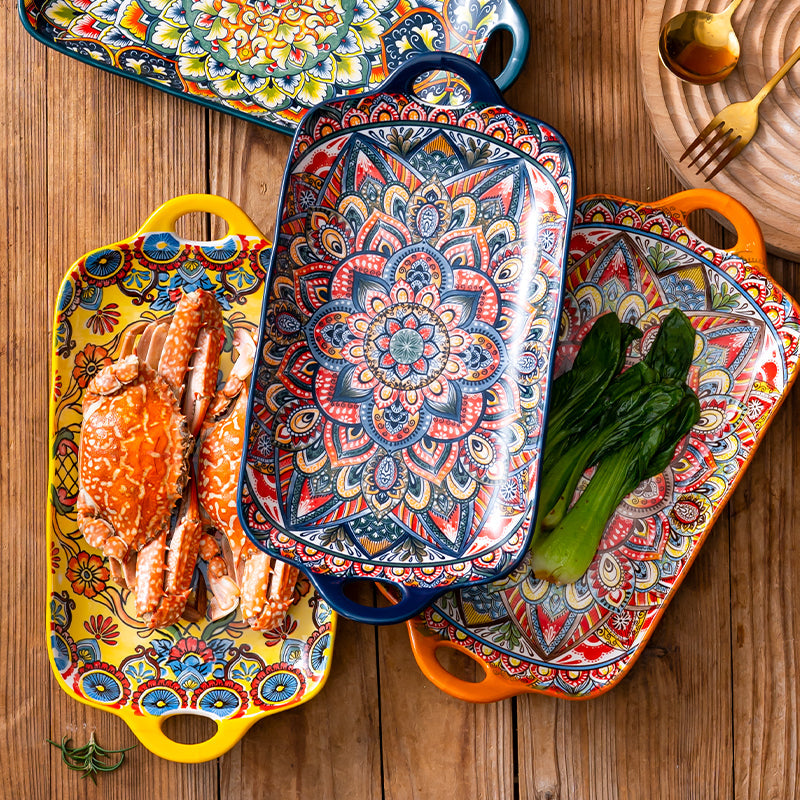 Bohemian Double Ear Ceramic Household Steamed Fish Plate