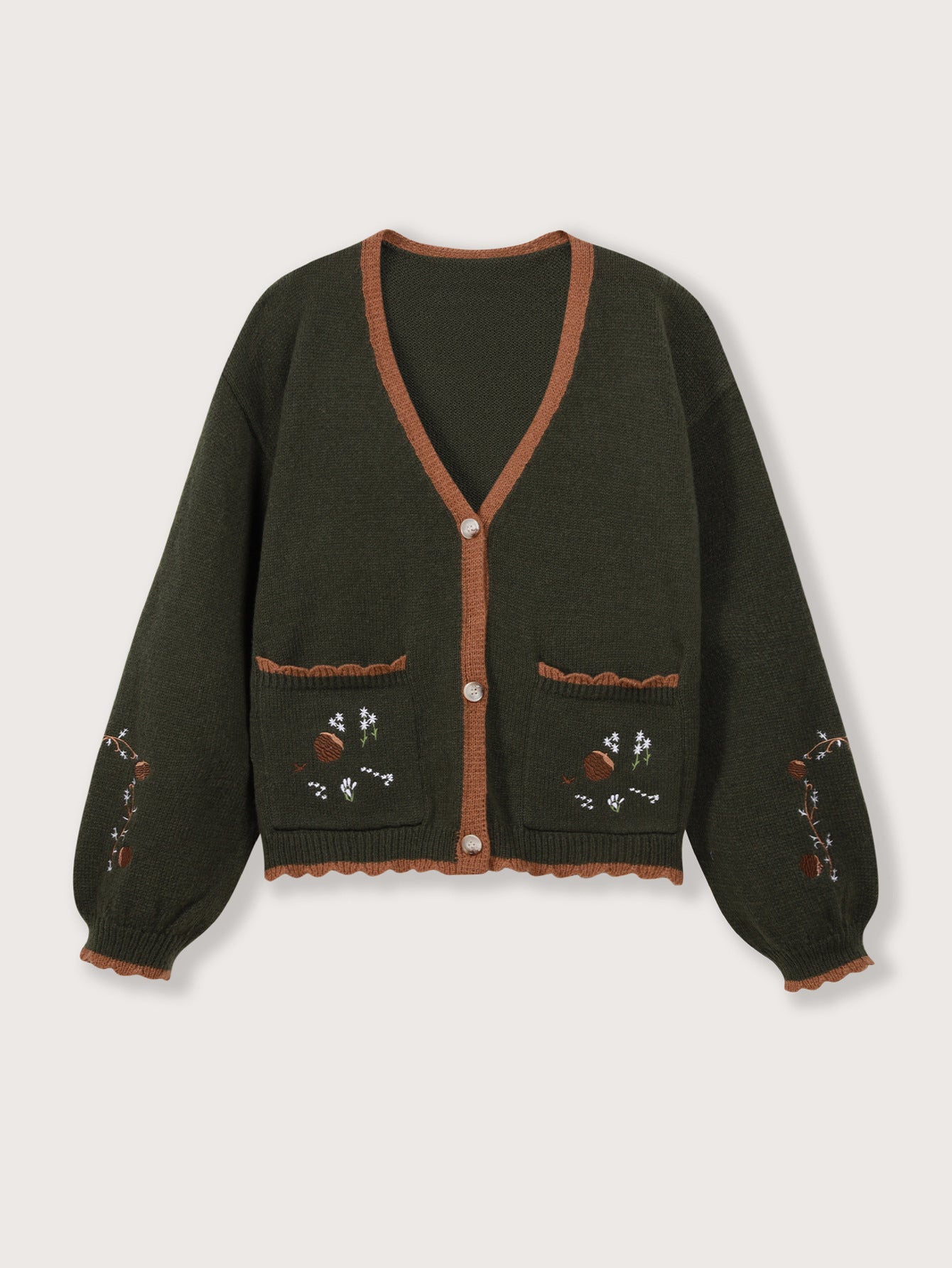 Lace Olive Green Pocket Embroidered Button Knitted Coat