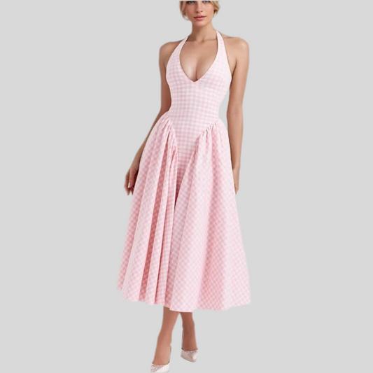 Pink Plaid Bow Halter Midi Dress