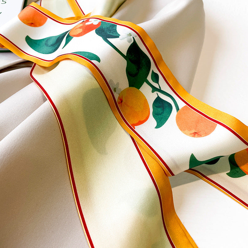 Fruit Pattern Thin Narrow Long Strip Of Silk Scarf Women