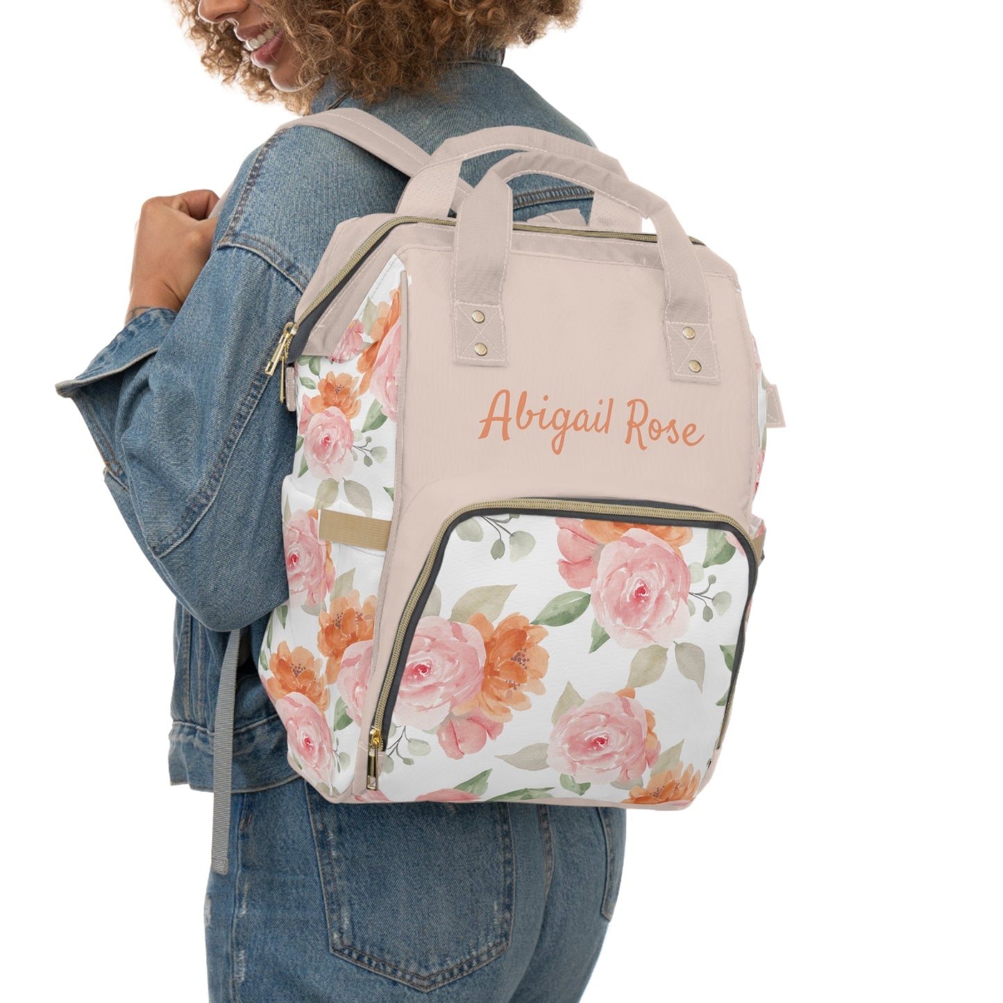 Personalized Girls Pink Rose Multifunctional Diaper Backpack, Newborn Gift, Baby Shower Gift, Baby Diaper Bag Nappy Stroller Bag