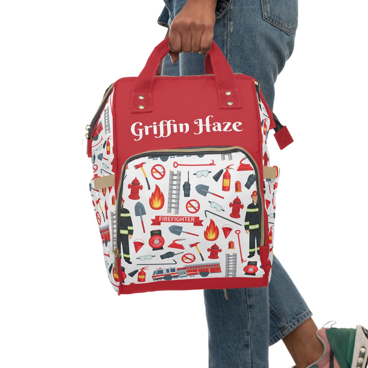 Personalized Red Firefighter Print Pattern Multifunctional Diaper Backpack, Newborn Gift, Baby Shower Gift, Firetruck Backpack