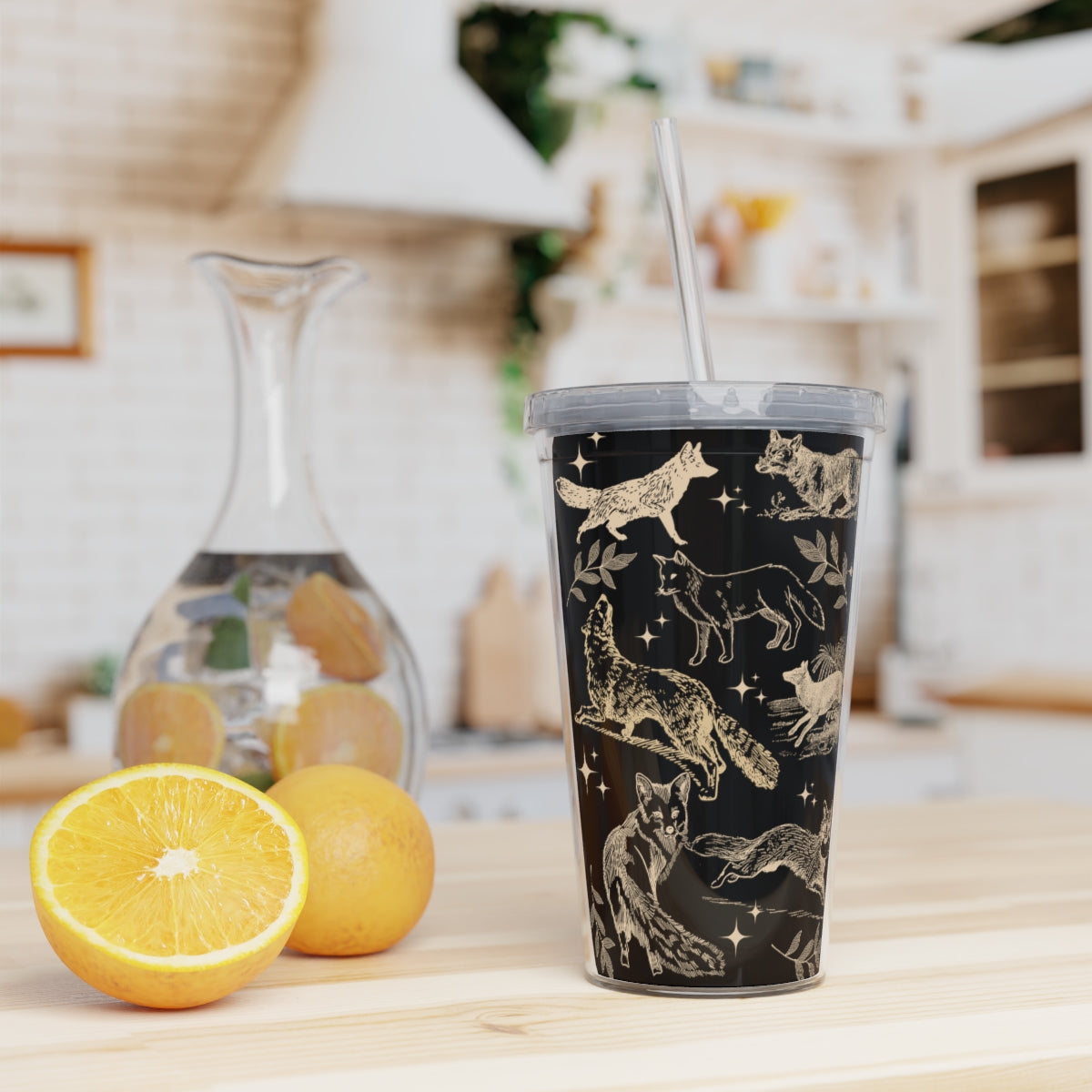 Black Fox Plastic Tumbler with Straw, Trendy Fox Lover Favorite Animal Iced Coffee Tumbler