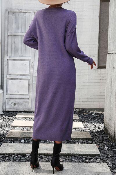 Decorative Button Notched Dropped Shoulder Sweater Dress