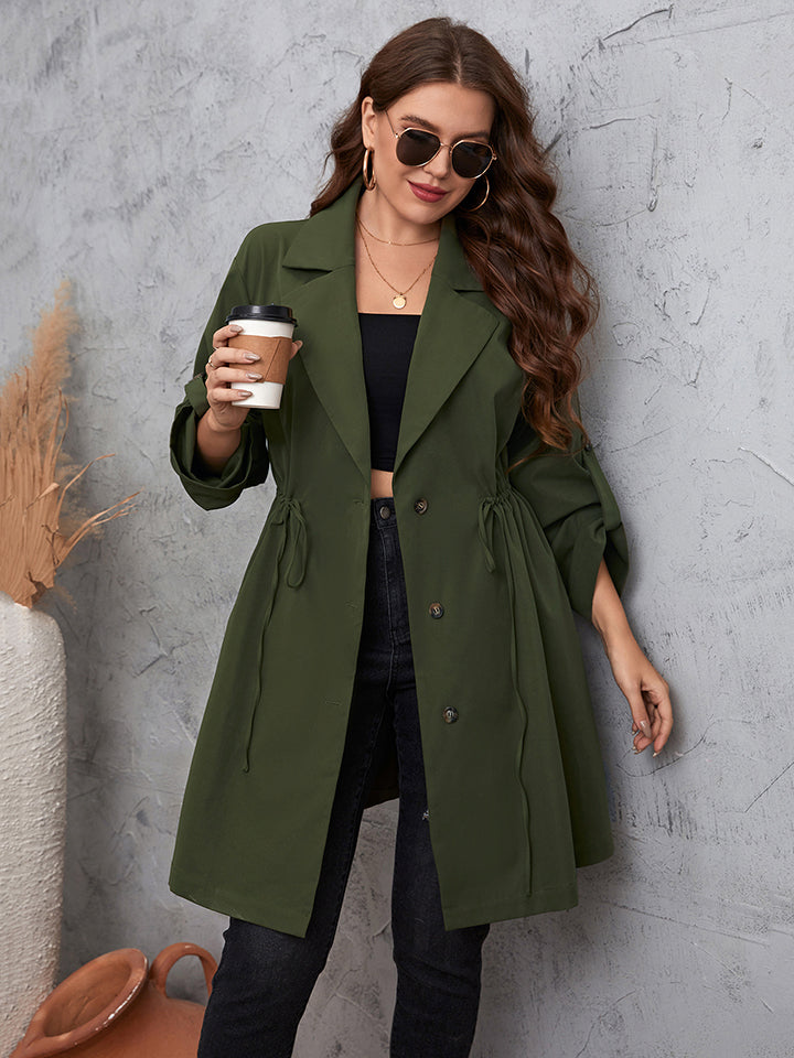 Army Green Plus Size Lapel Collar Roll-Tab Sleeve Trench Coat