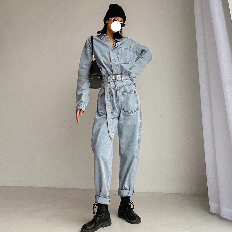 Lapel Collar Long-sleeved Waisted Denim Overalls Jumpsuit