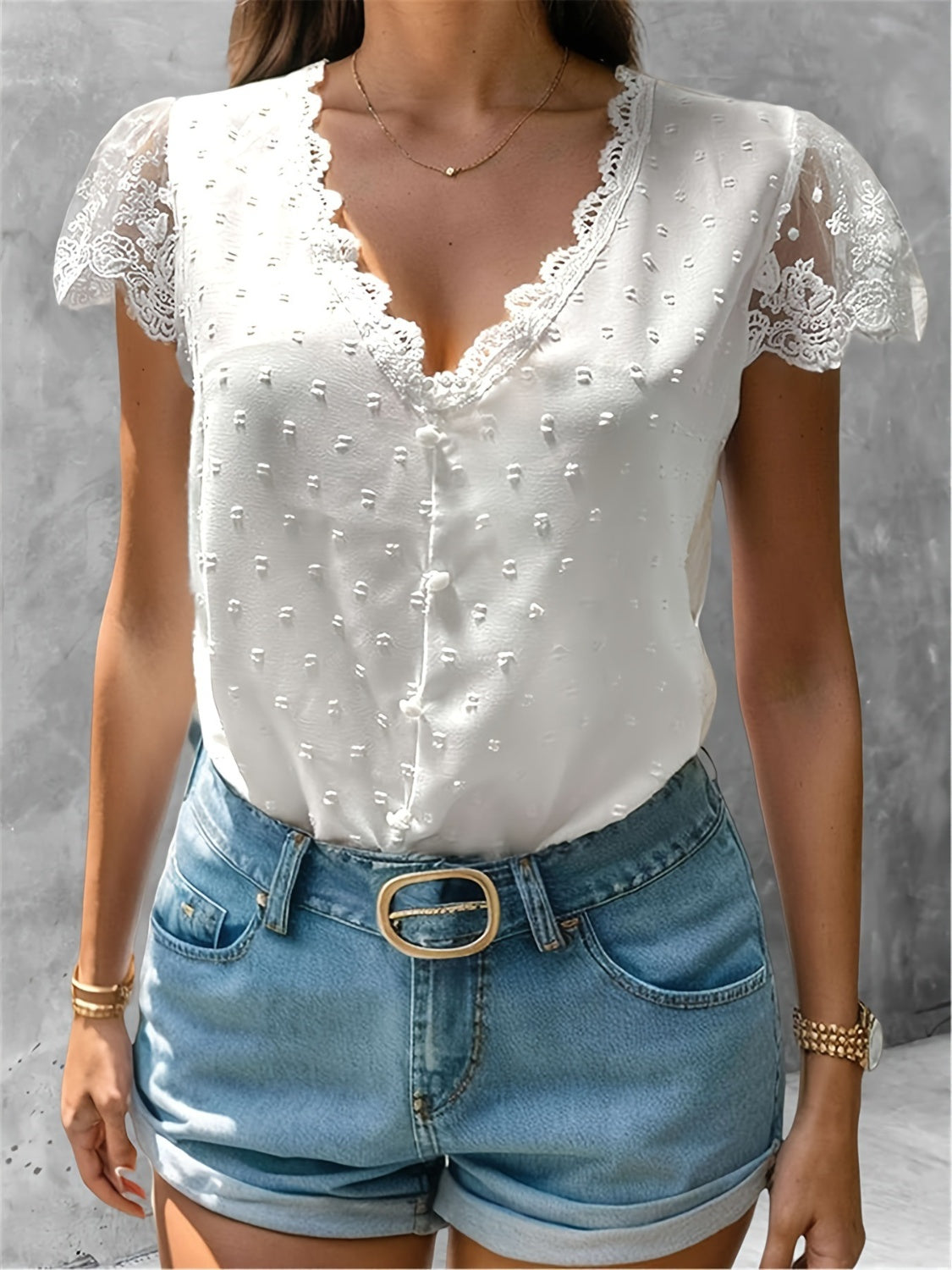 Swiss Dot Lace Detail V-Neck Cap Sleeve Blouse