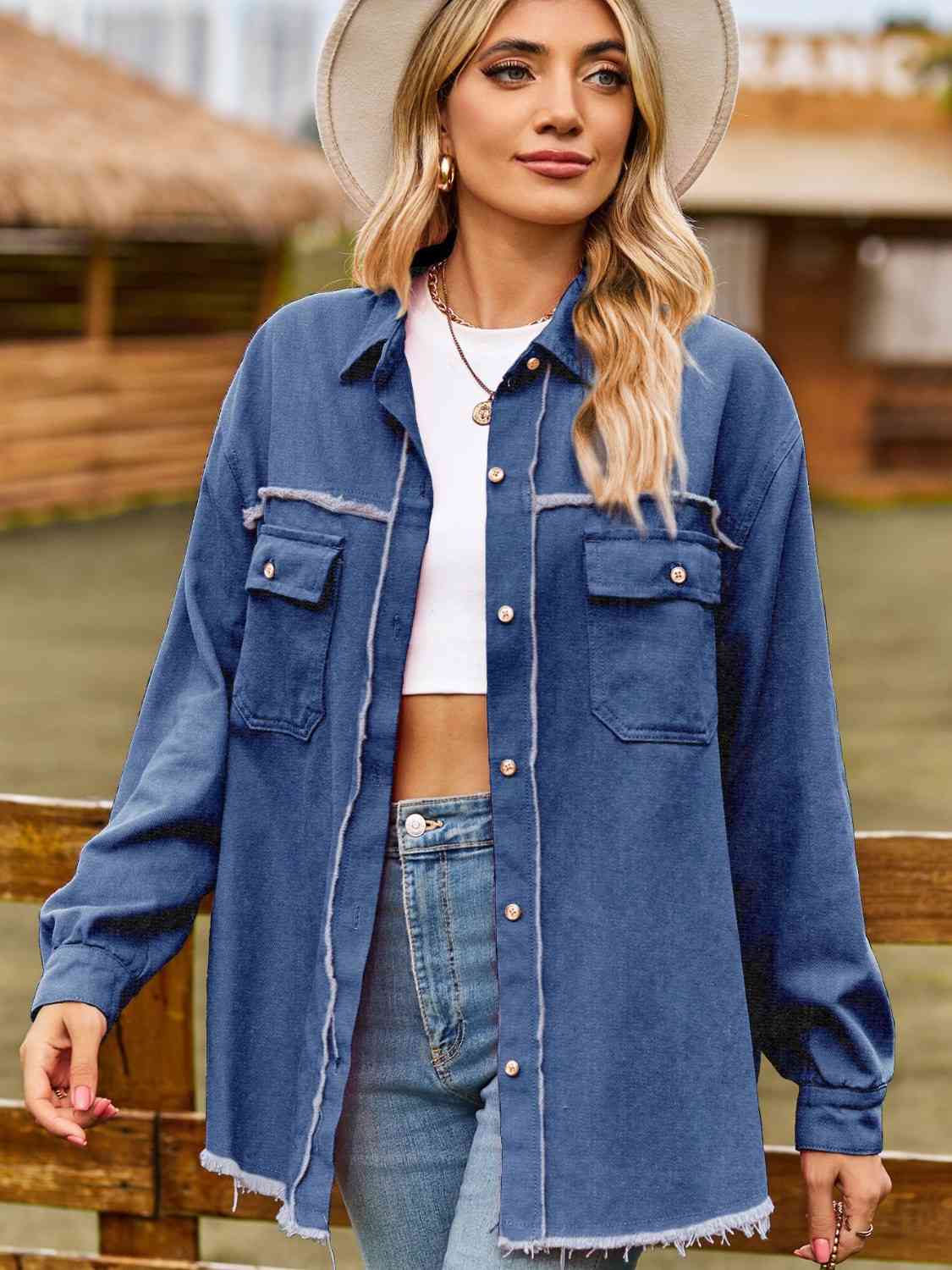 Button Up Collared Neck Raw Hem Denim Top