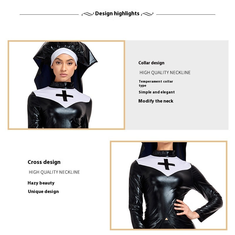 Sexy Nun Costume Halloween PU Leather Punk Cross Suit