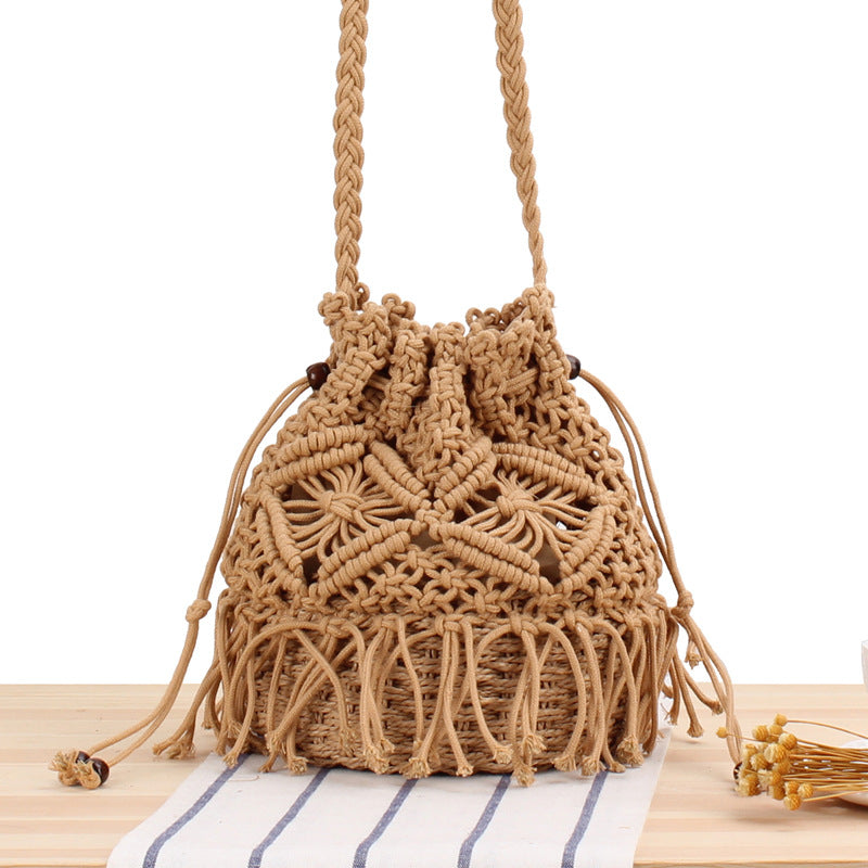 Bucket Woven Bag Hand-stitched Hollow Cross-body Straw