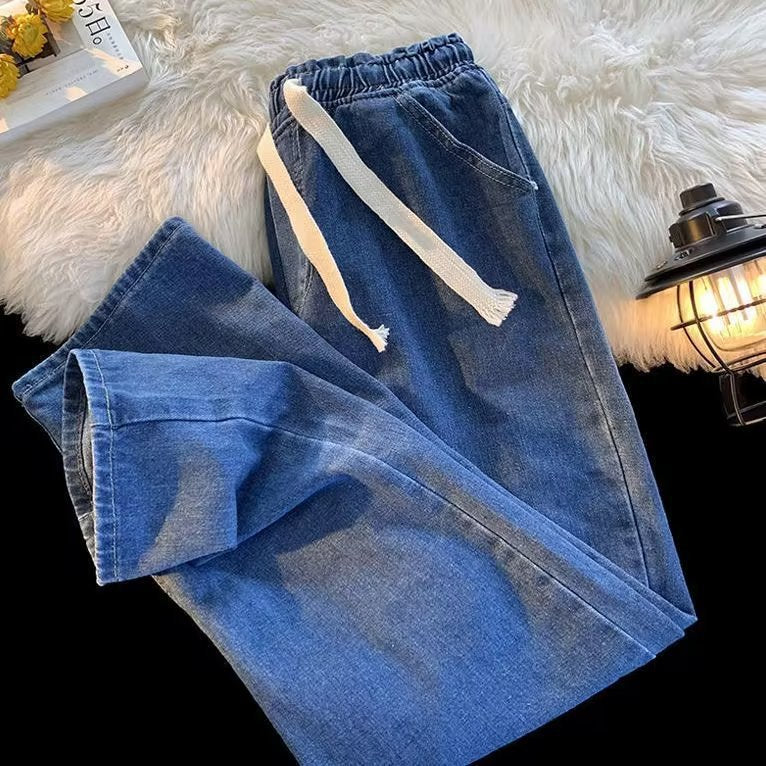 Elastic Waist Straight Drawstring Jeans