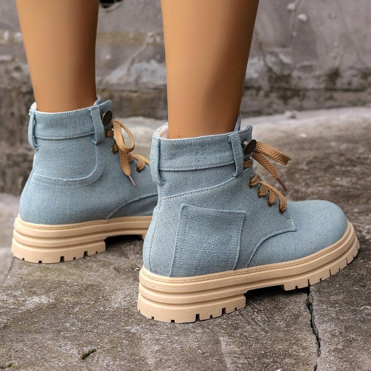 Lace-up Denim Ankle Boots Women Fashion Platform Boots