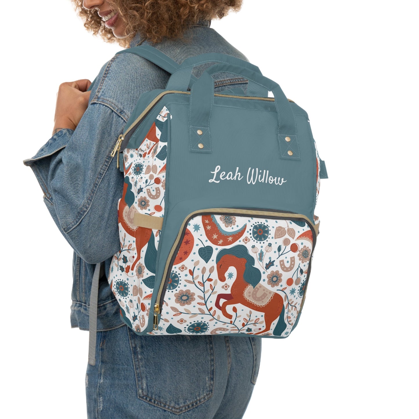 Personalized Botanical Horse Girls Multifunctional Diaper Backpack, Newborn Gift, Baby Shower Gift, Baby Diaper Bag Nappy Stroller Bag