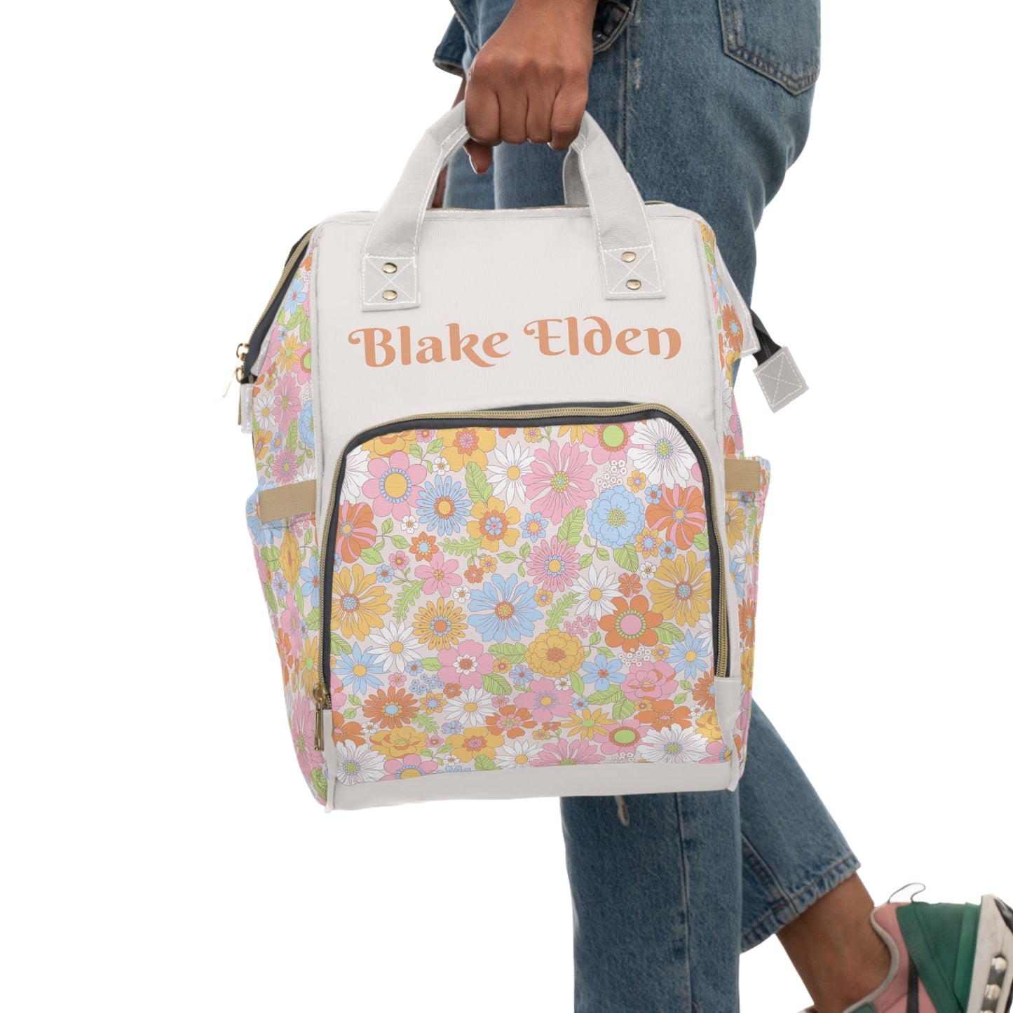 Personalized Retro Flowers Pattern Multifunctional Diaper Backpack, Newborn Gift, Baby Shower Gift, Retro Themed Baby Shower