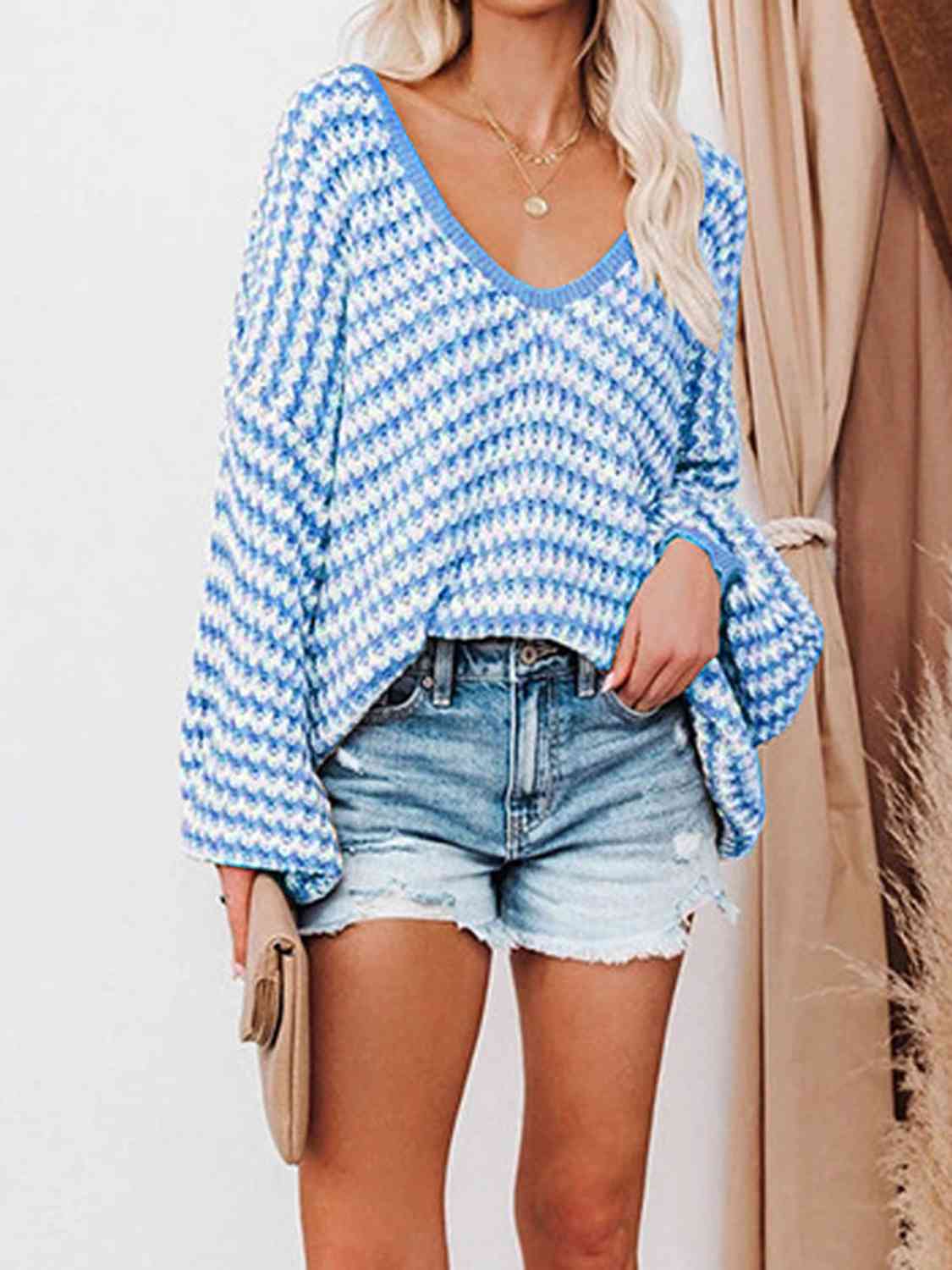 Striped Drop Shoulder V-Neck Sweater