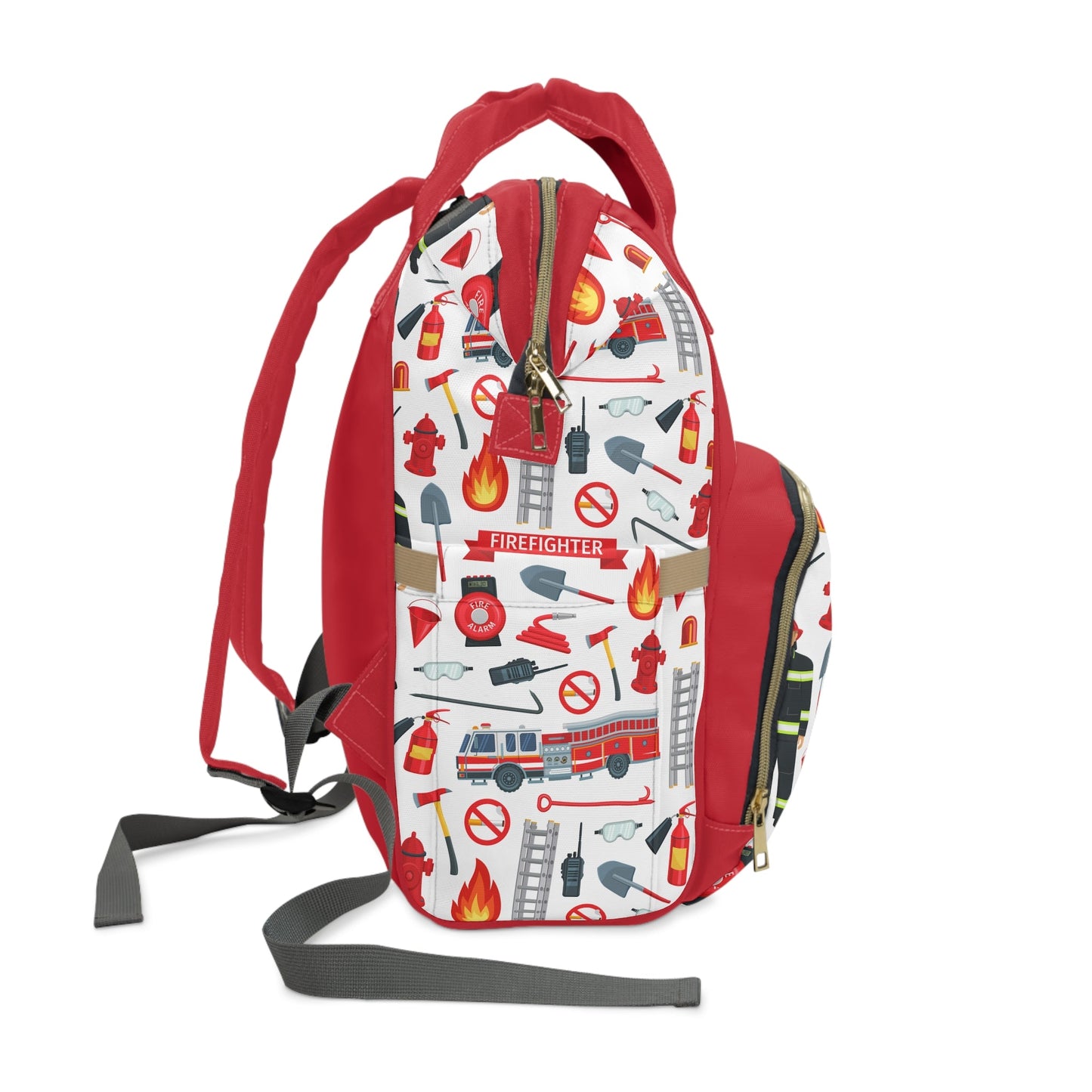 Personalized Red Firefighter Print Pattern Multifunctional Diaper Backpack, Newborn Gift, Baby Shower Gift, Firetruck Backpack