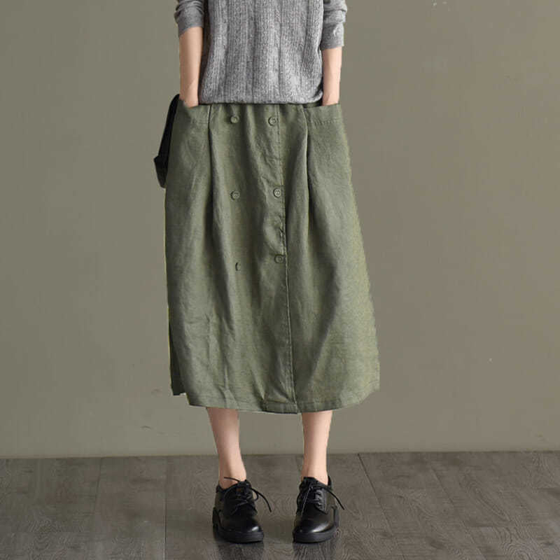 Loose And Casual Double-breasted Cotton And Linen Skirt