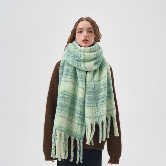 Women's White And Green Plaid Scarf